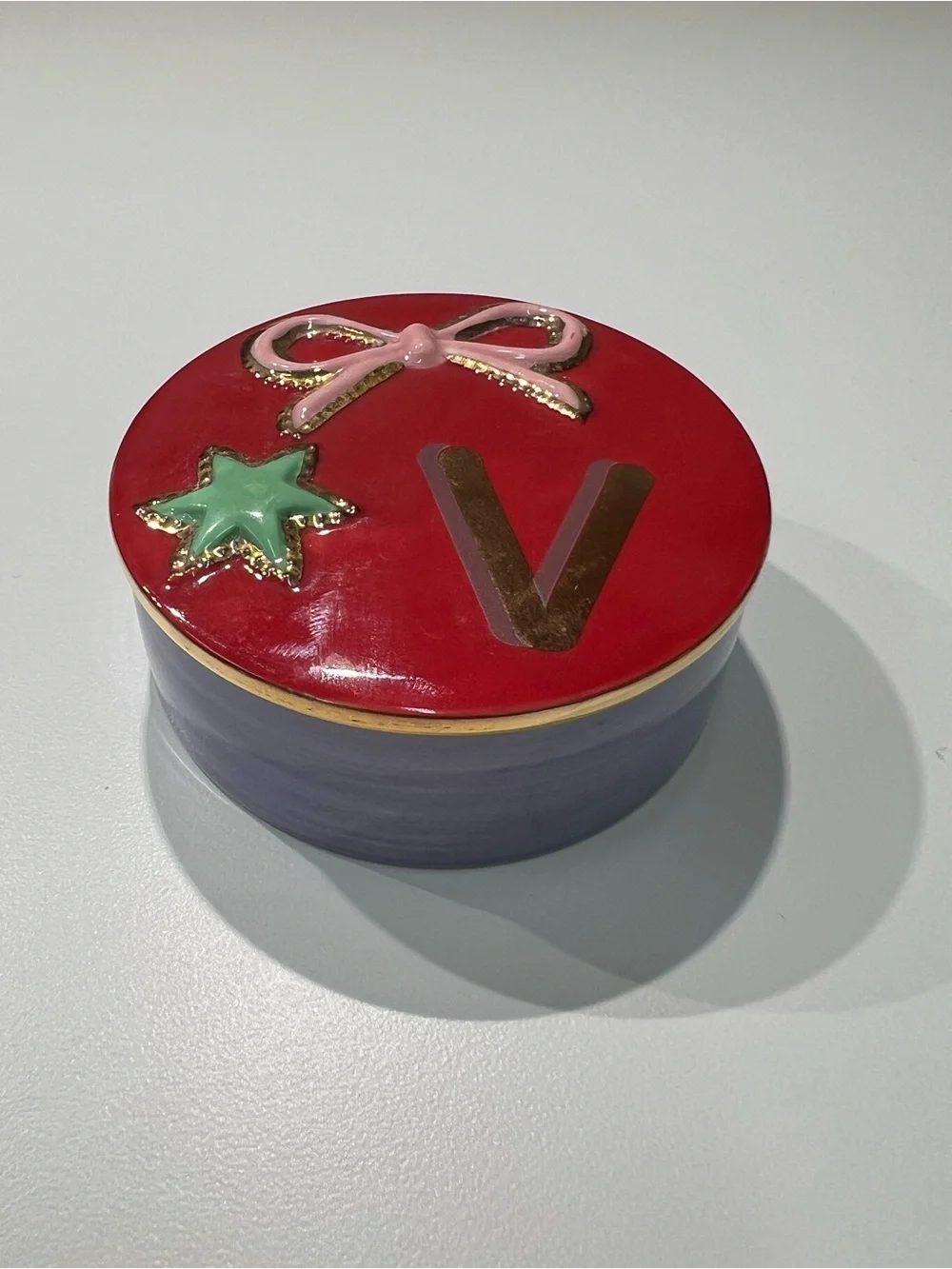 Anthropologie Monogram V Bow Jewelry Trinket Box Ceramic 3”